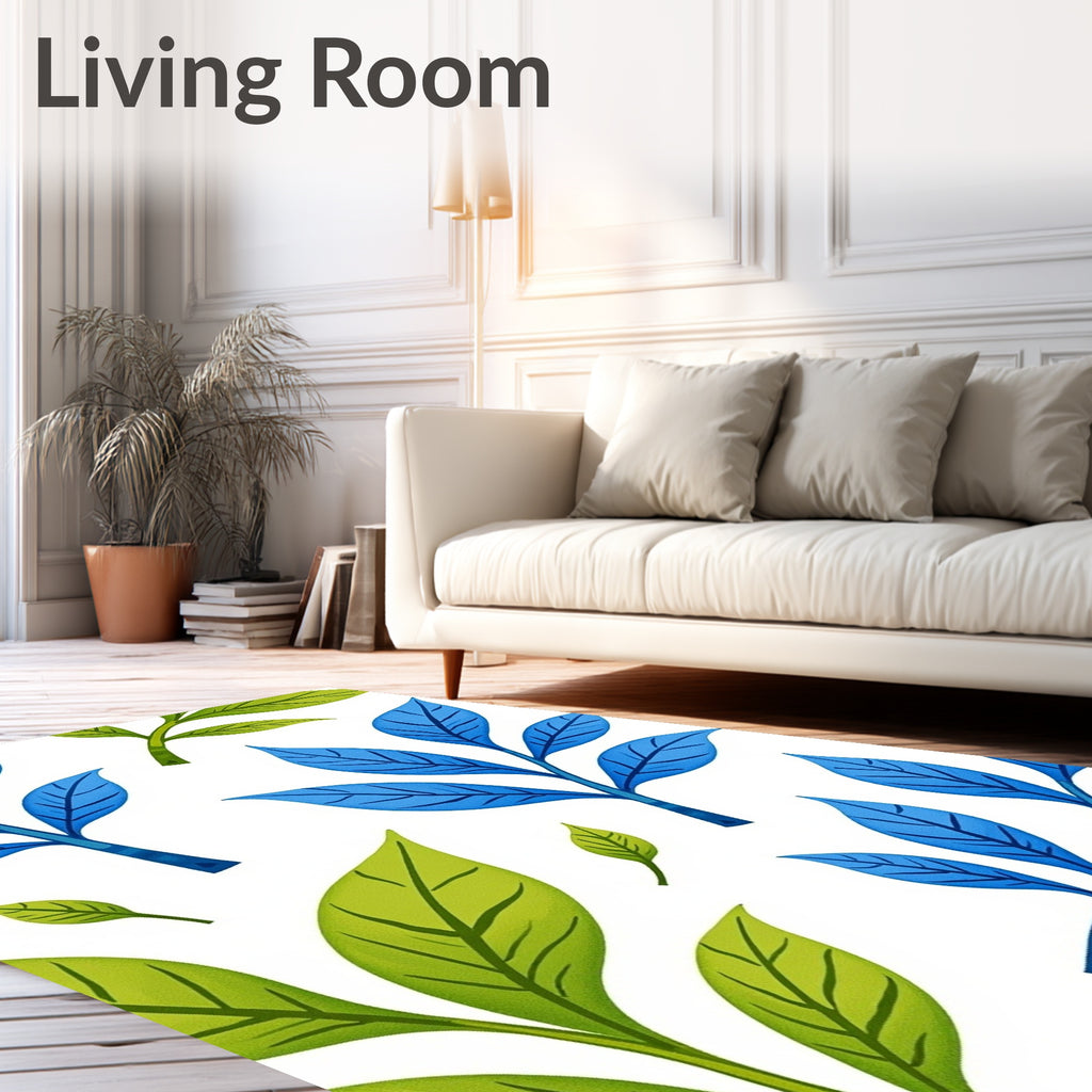 Delicate Blue Green Leaf Pattern Rug