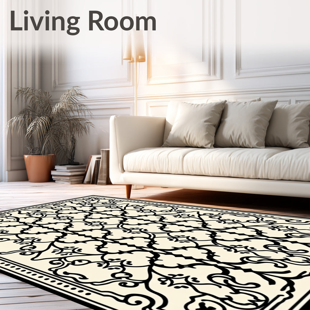 Ornate Black Cream Scrollwork Rug