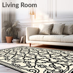 Ornate Black Cream Scrollwork Rug