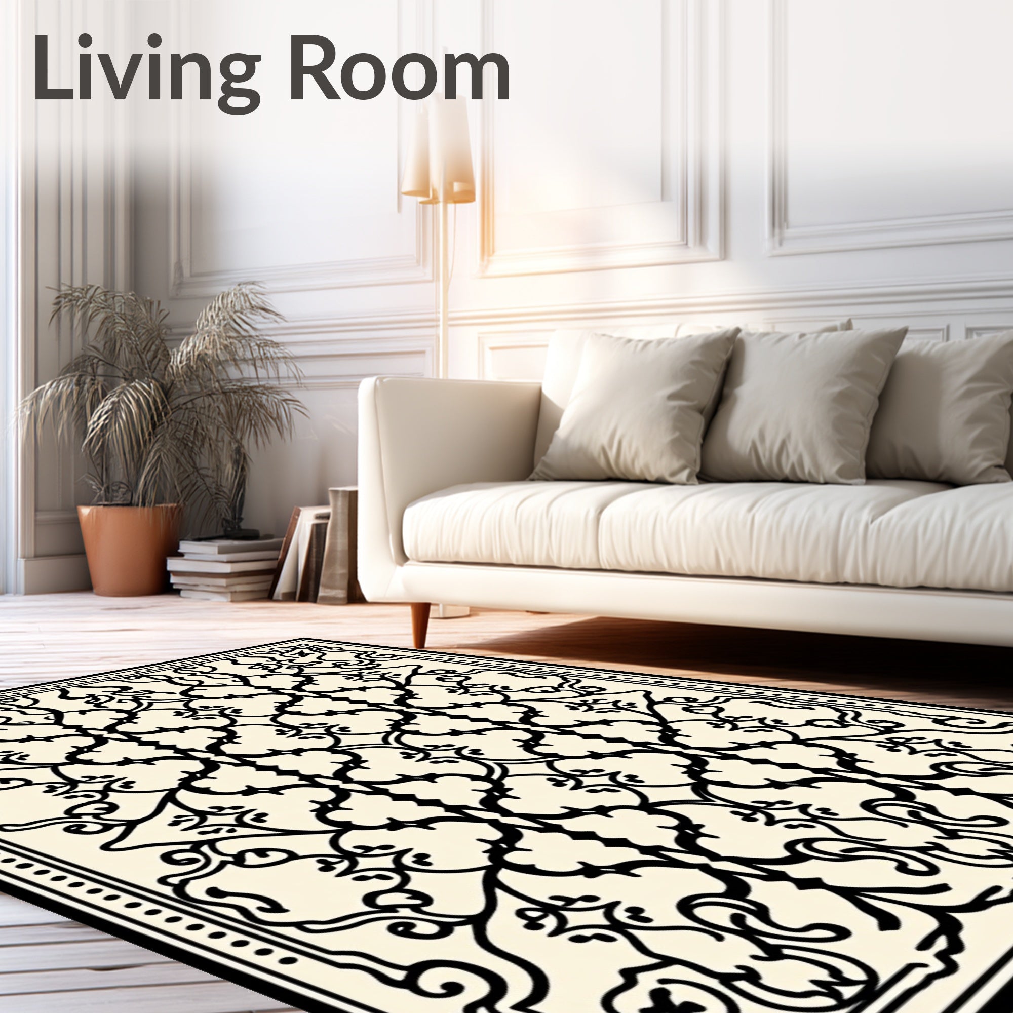 Ornate Black Cream Scrollwork Rug