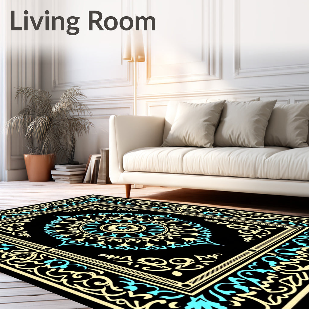 Intricate Mandala Pattern Teal Gold Rug