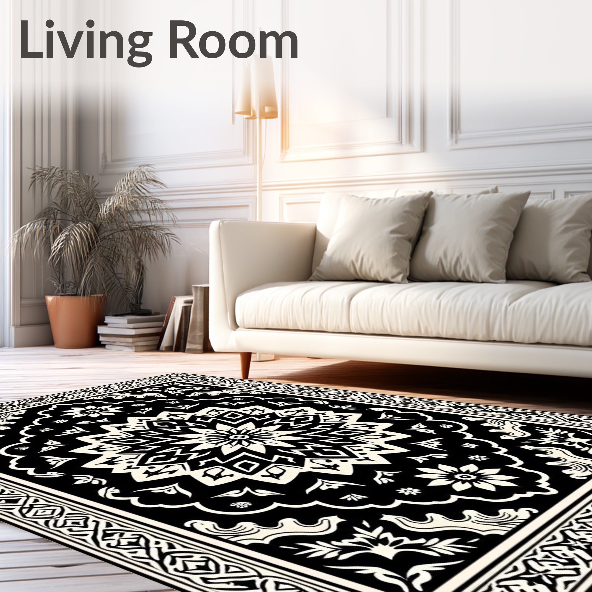 Black Cream Mandala Floral Pattern Rug
