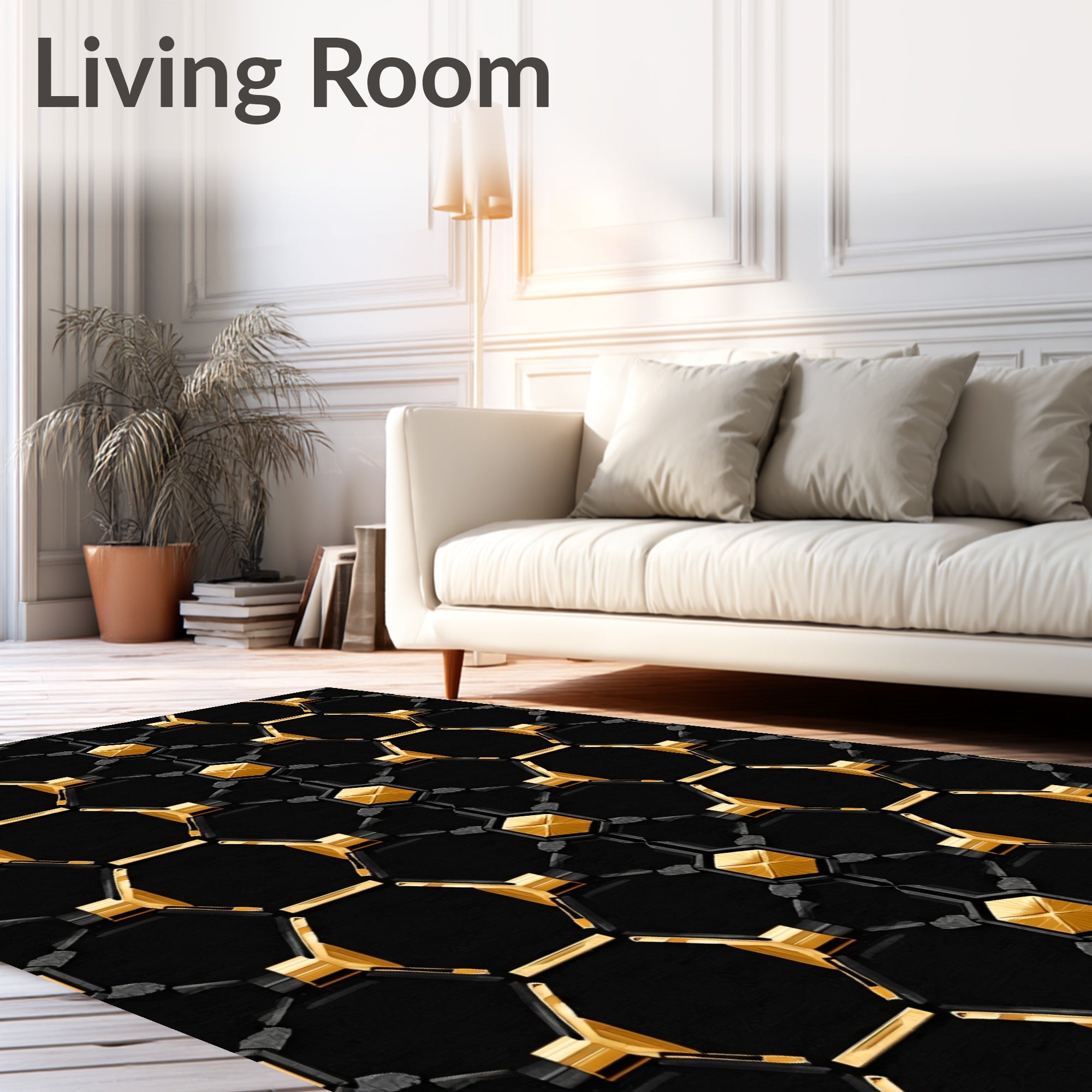 Black Gold Hexagonal Geometric Pattern Rug