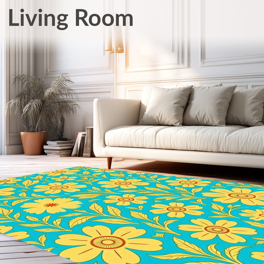 Golden Floral Pattern On Aqua Background Rug