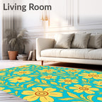 Golden Floral Pattern On Aqua Background Rug