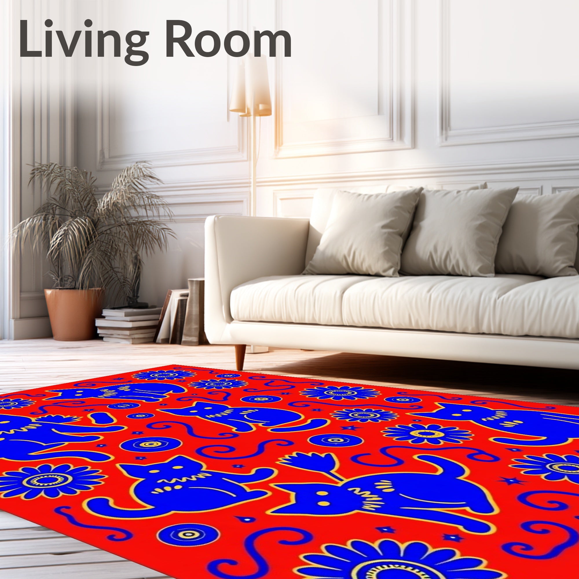 Playful Blue Cat Flower Motif Rug