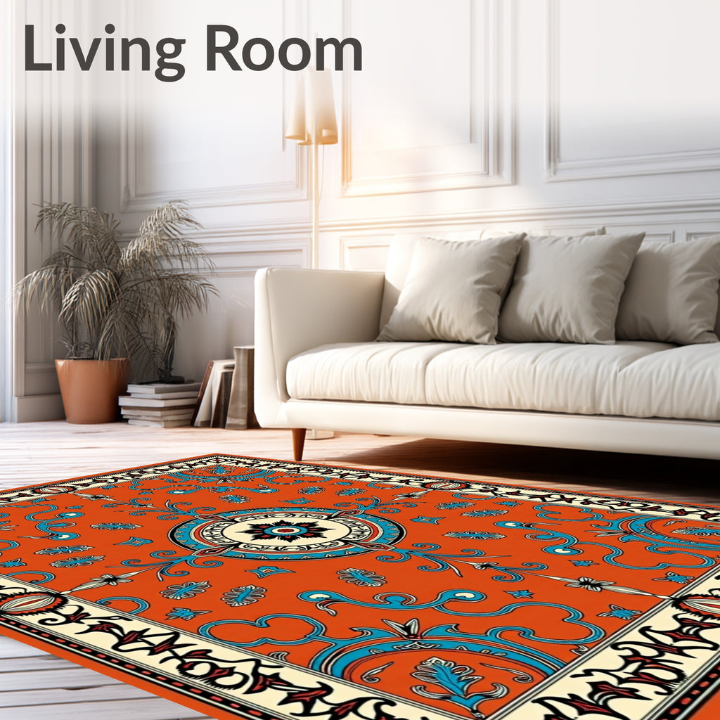 Orange Teal Floral Pattern Rug