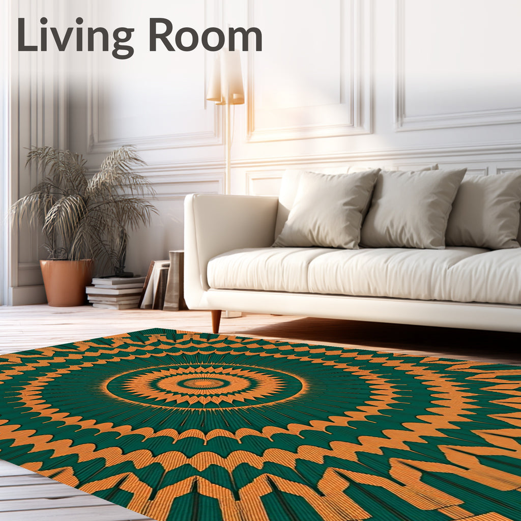 Emerald Orange Sunburst Mandala Rug