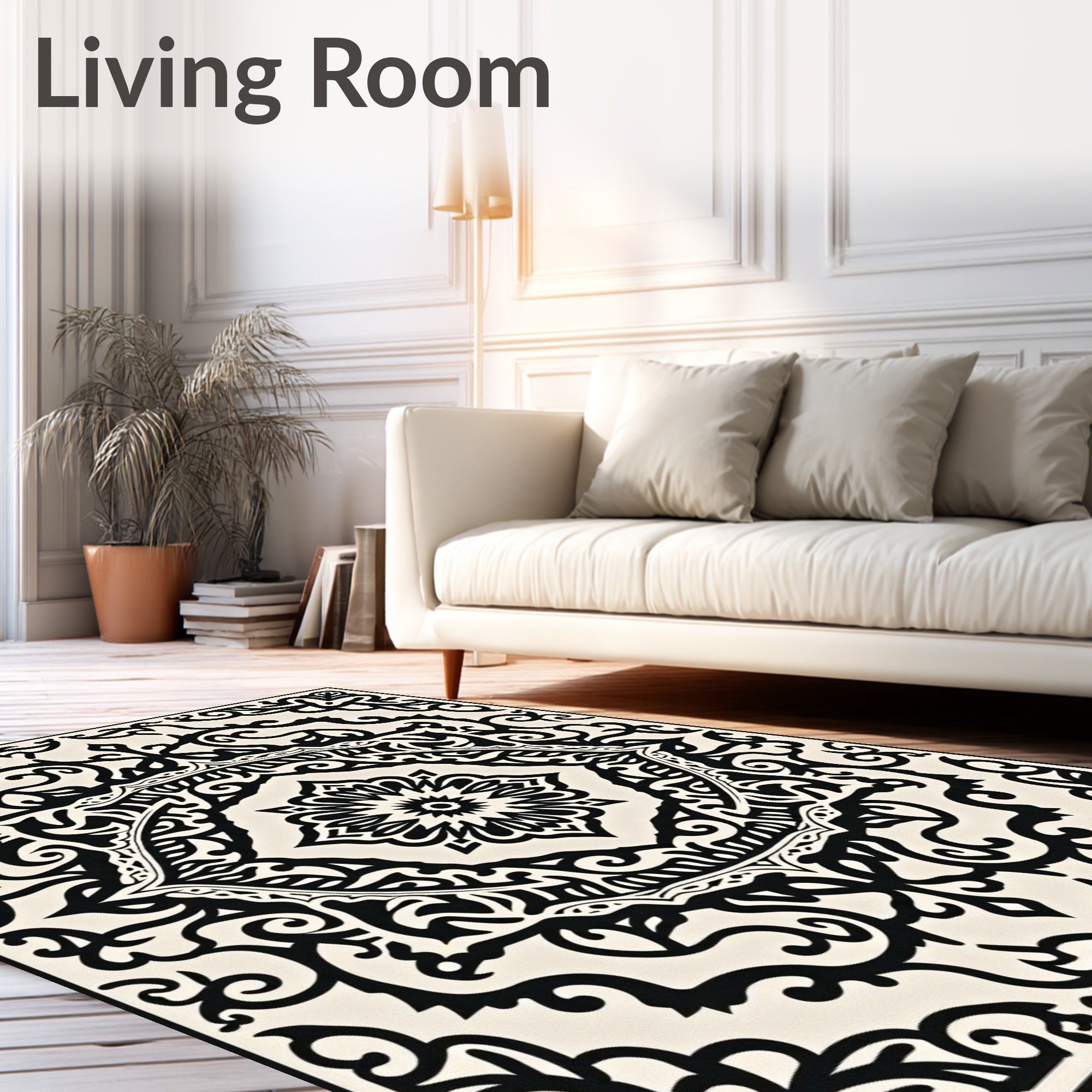 Elaborate Black Floral Scrollwork Design Rug