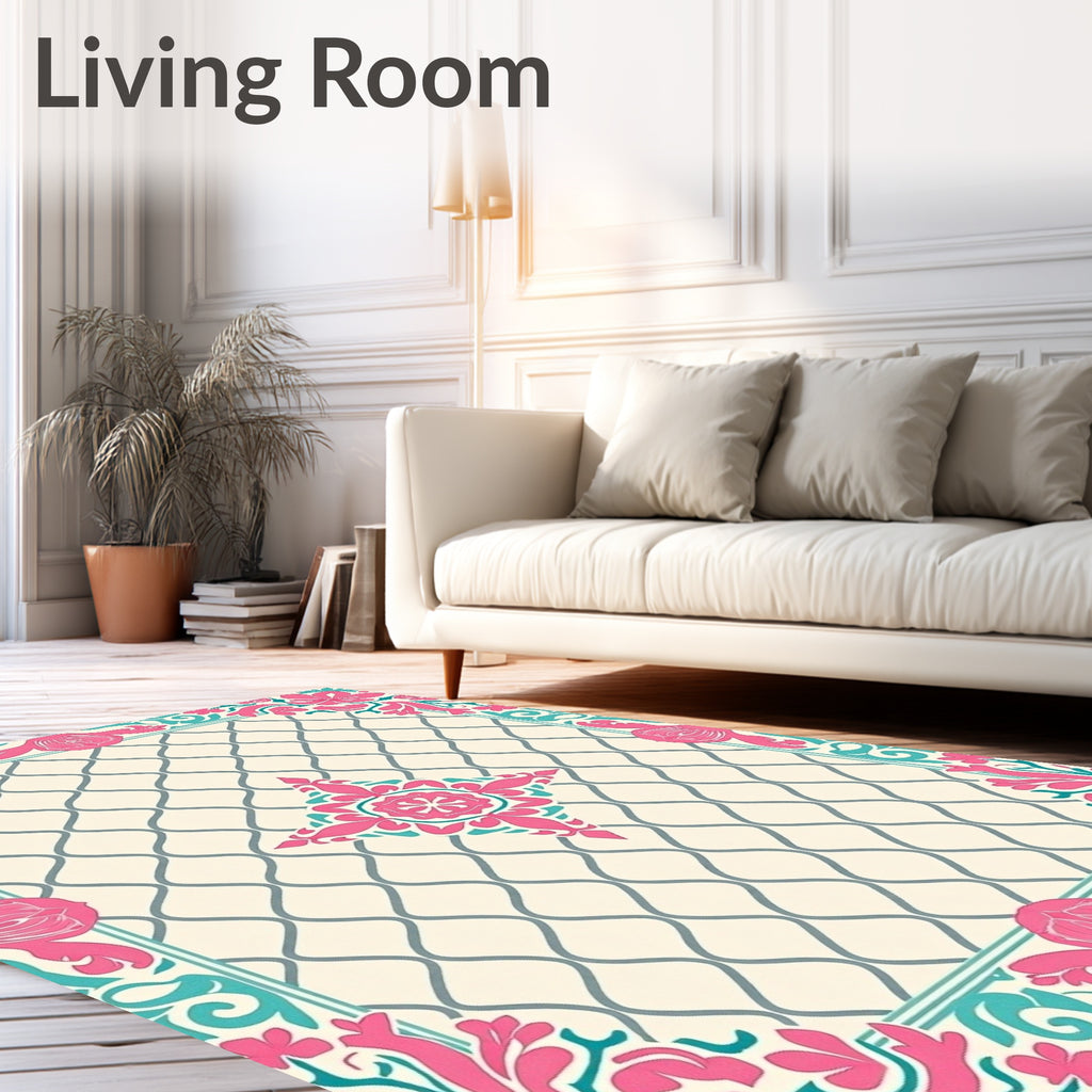 Elegant Pink Teal Floral Lattice Rug