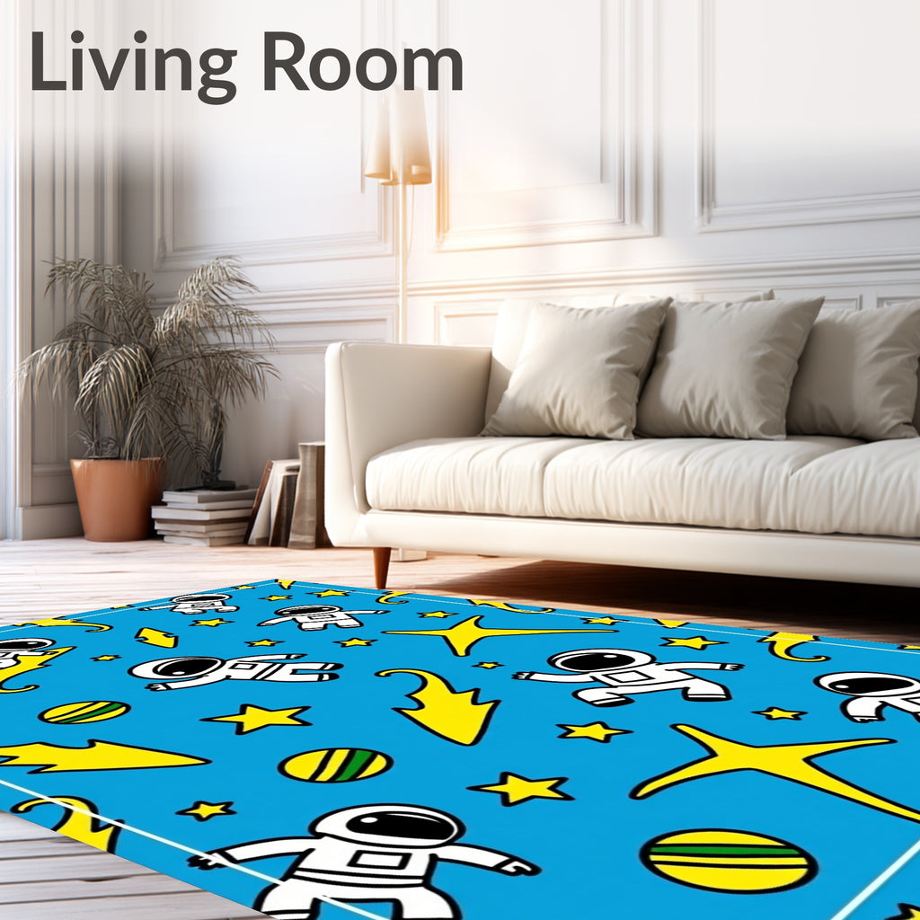 Blue Astronauts Flying Yellow Stars Rug