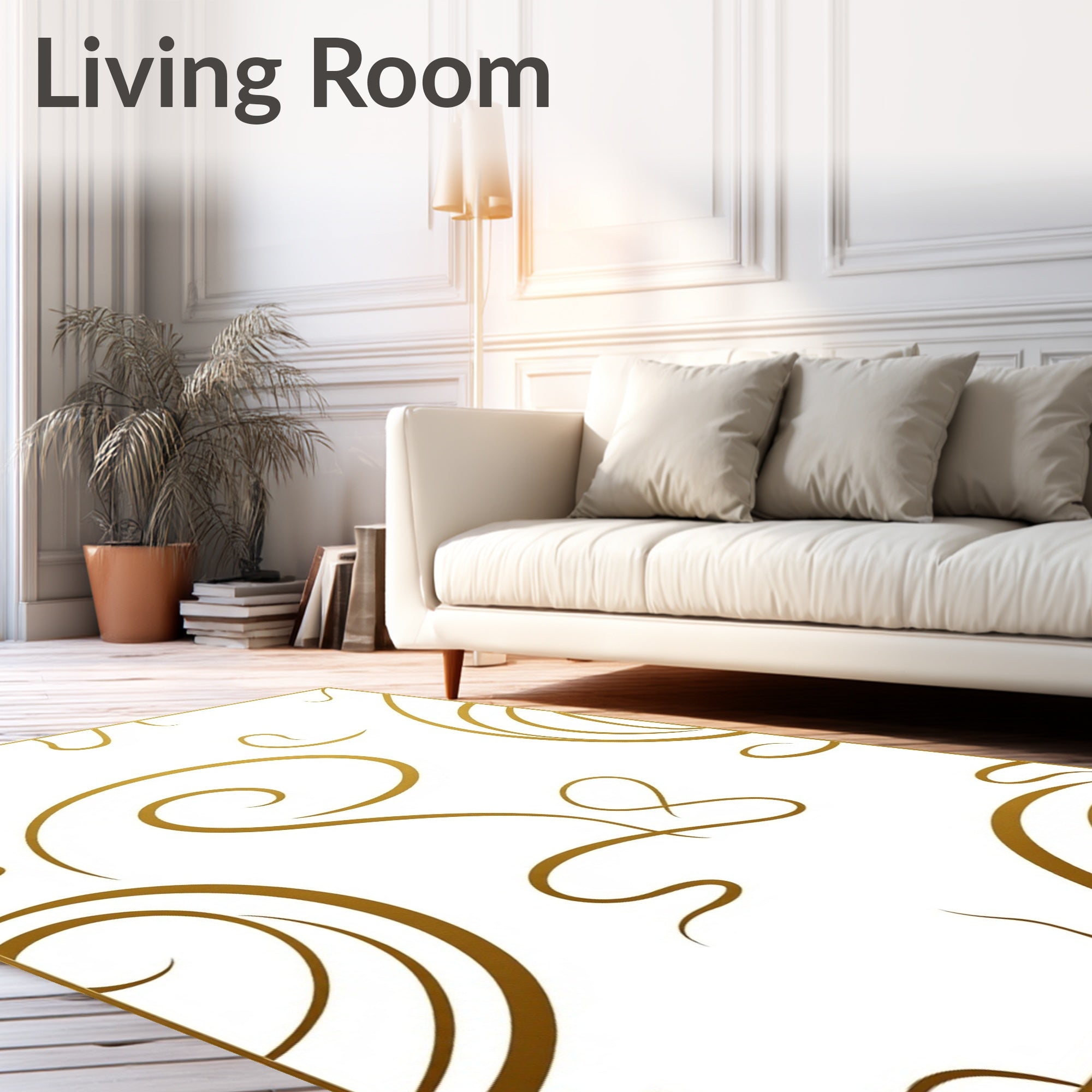 Elegant Gold Swirls on White Pattern Rug