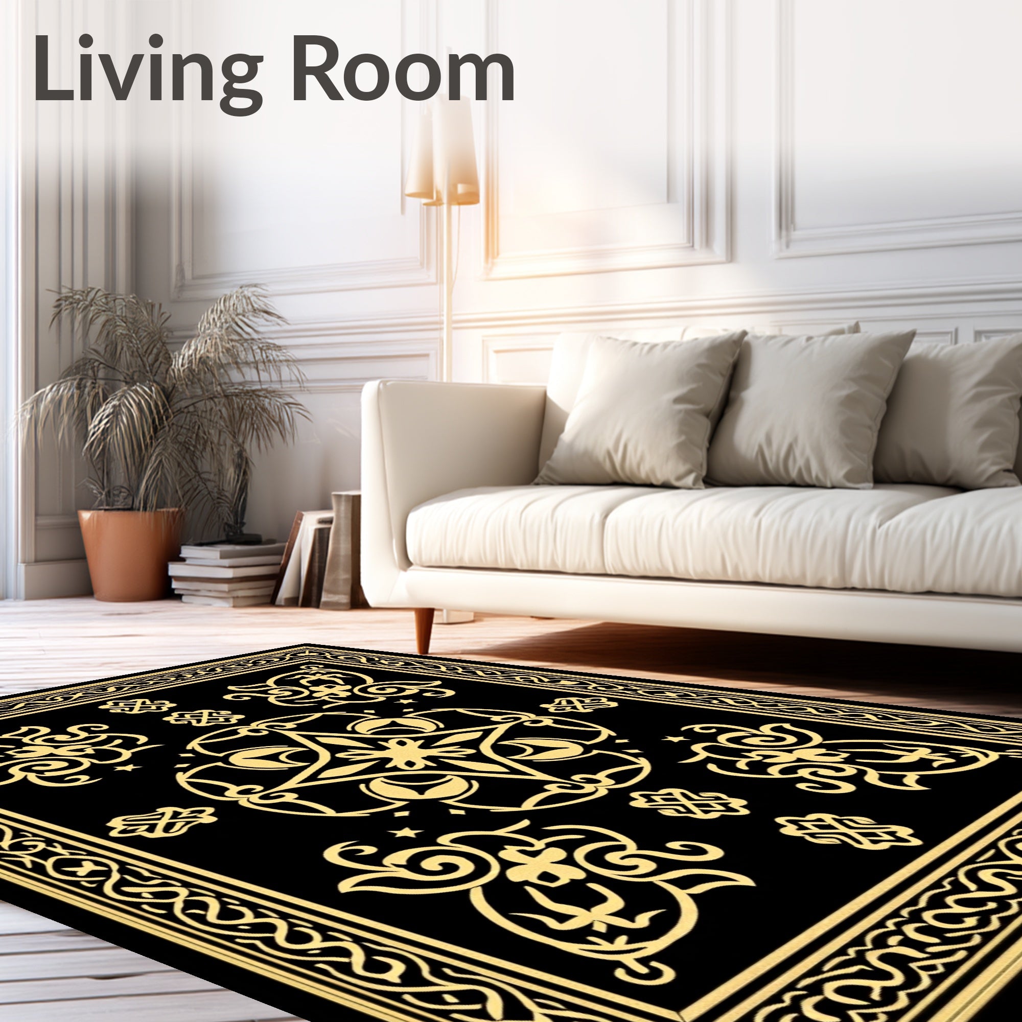 Gilded Black Floral Medallion Border Rug