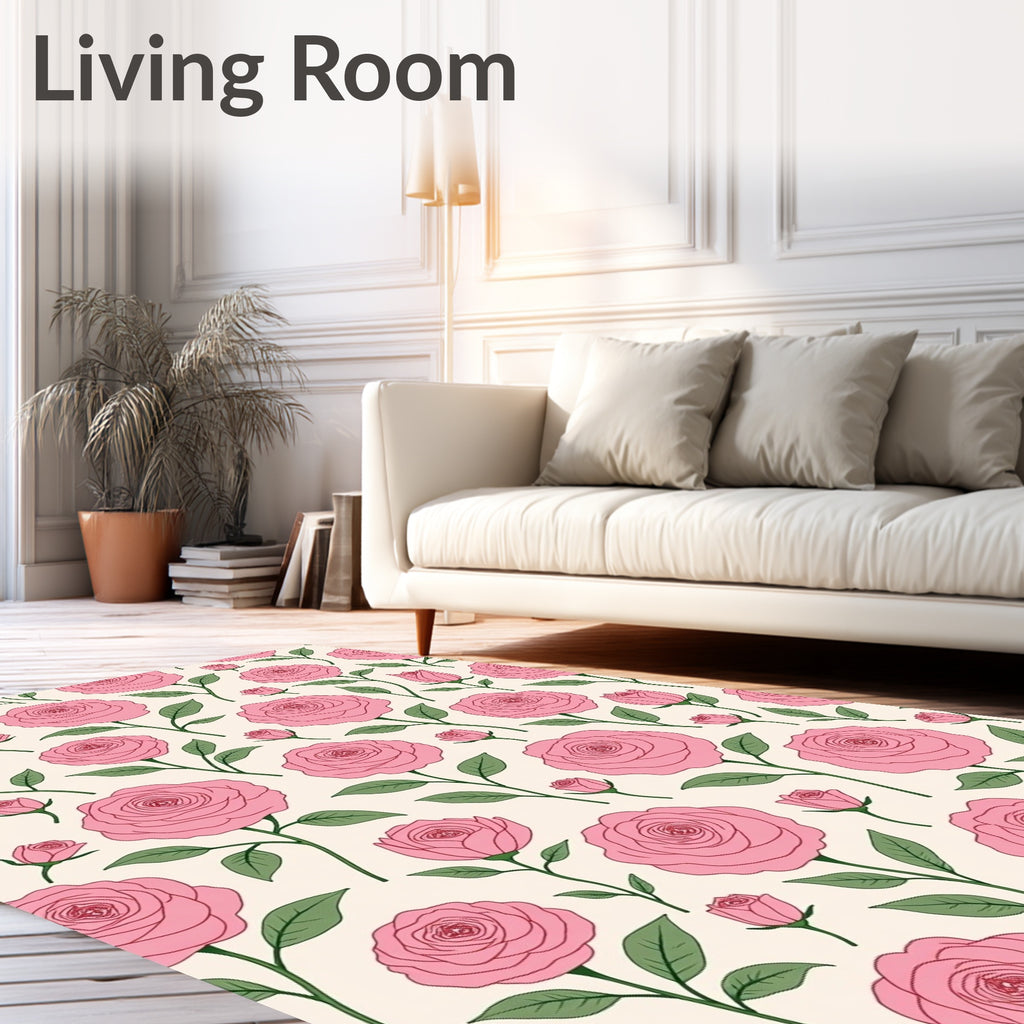 Pink Rose Stem Botanical Pattern Rug