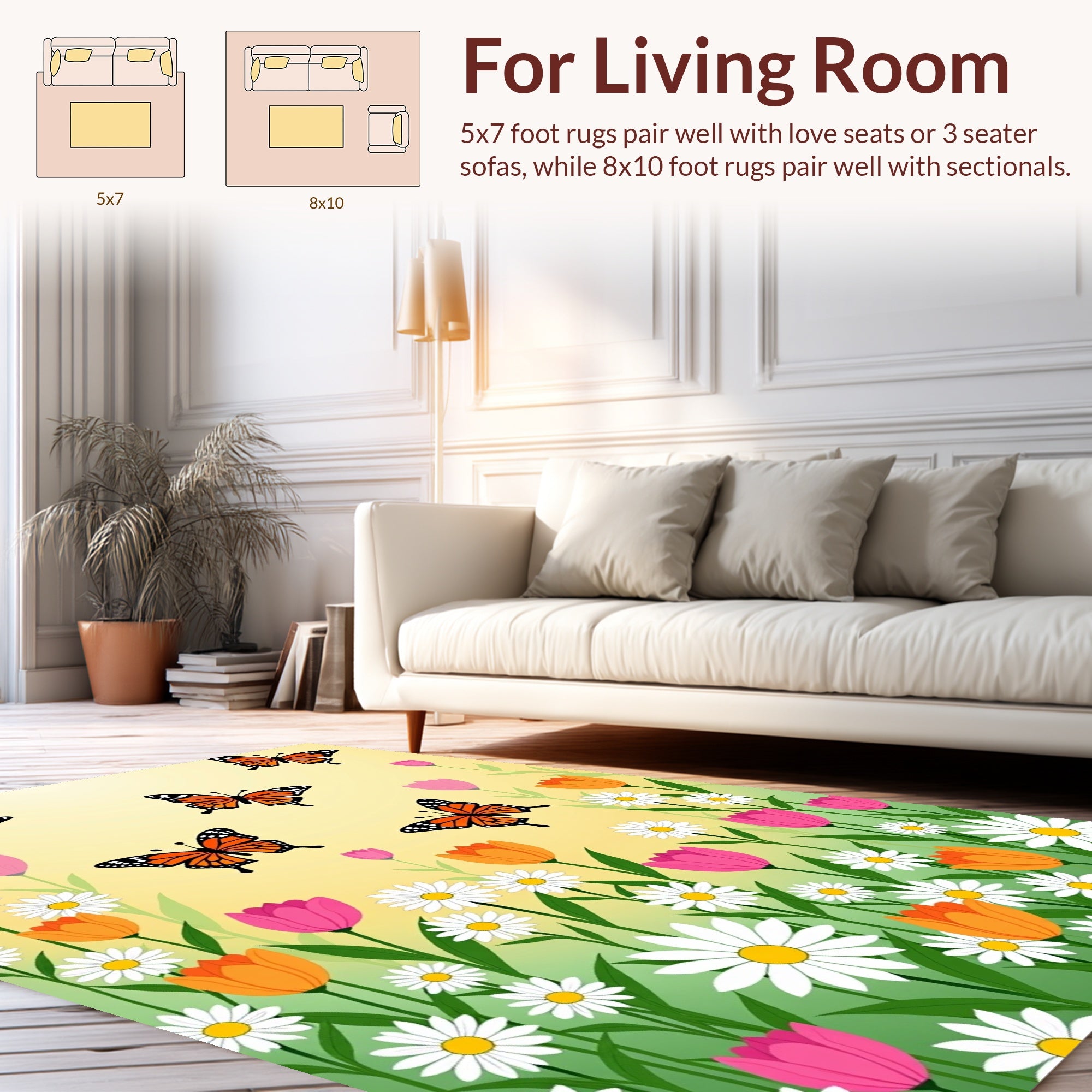 Whimsical Monarch Butterflies Flowers Rug