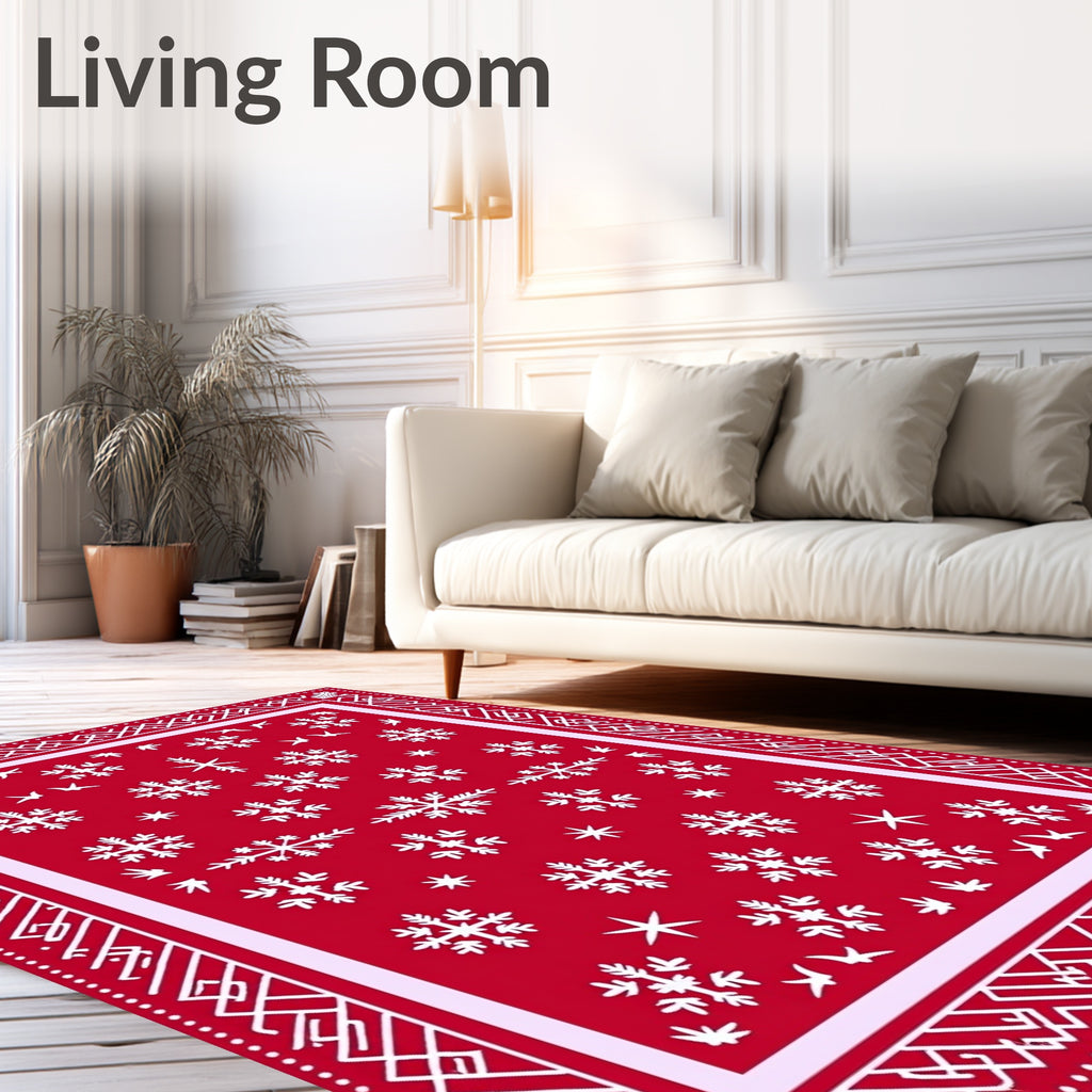 Red Snowflake Border Pattern Rug