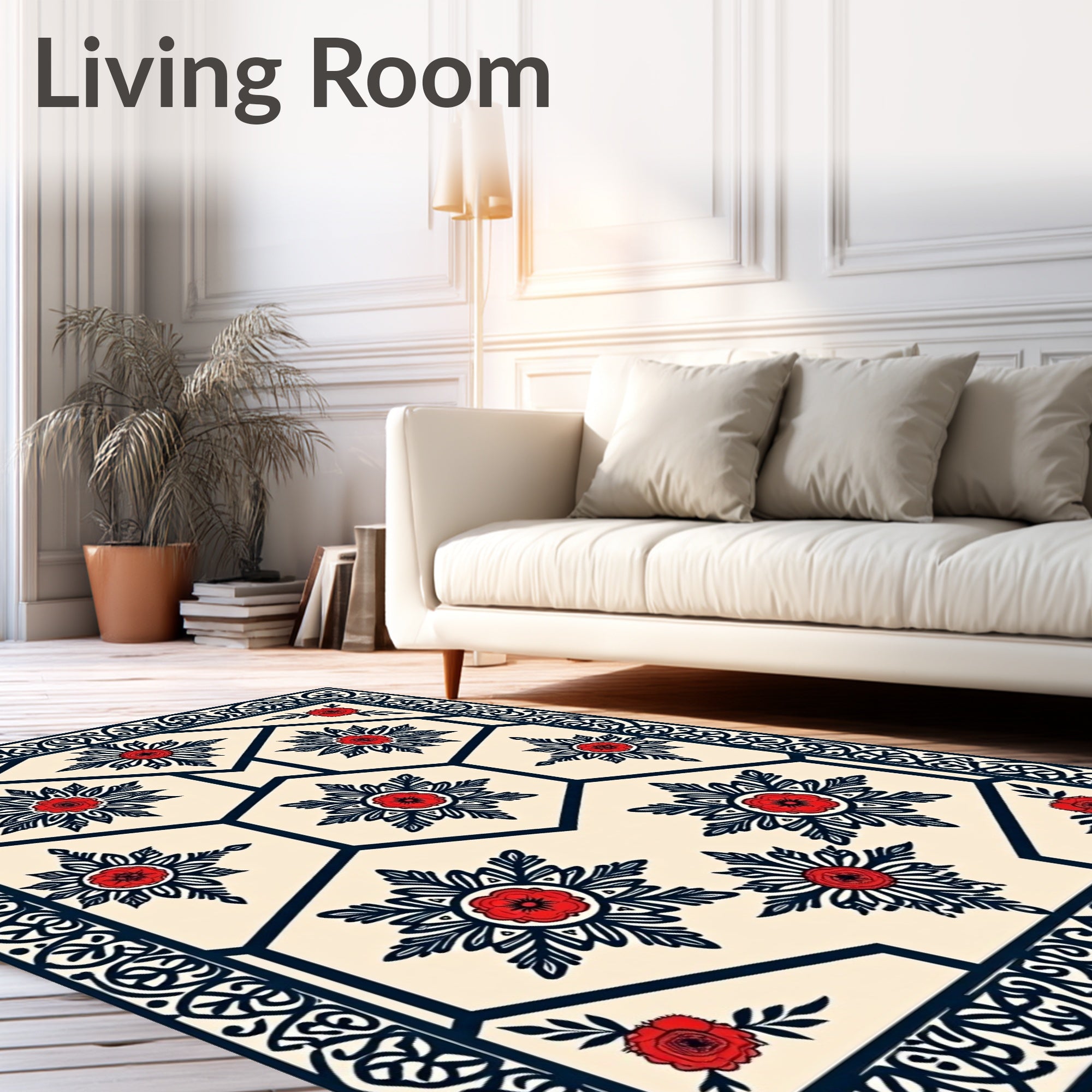 Intricate Red Floral Geometric Border Rug
