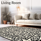 Vintage Black Ivory Floral Pattern Rug
