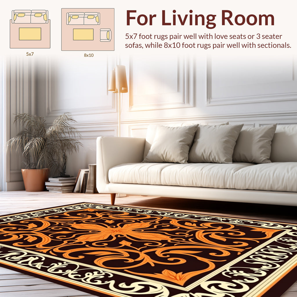 Orange Floral Scrollwork Pattern Rug