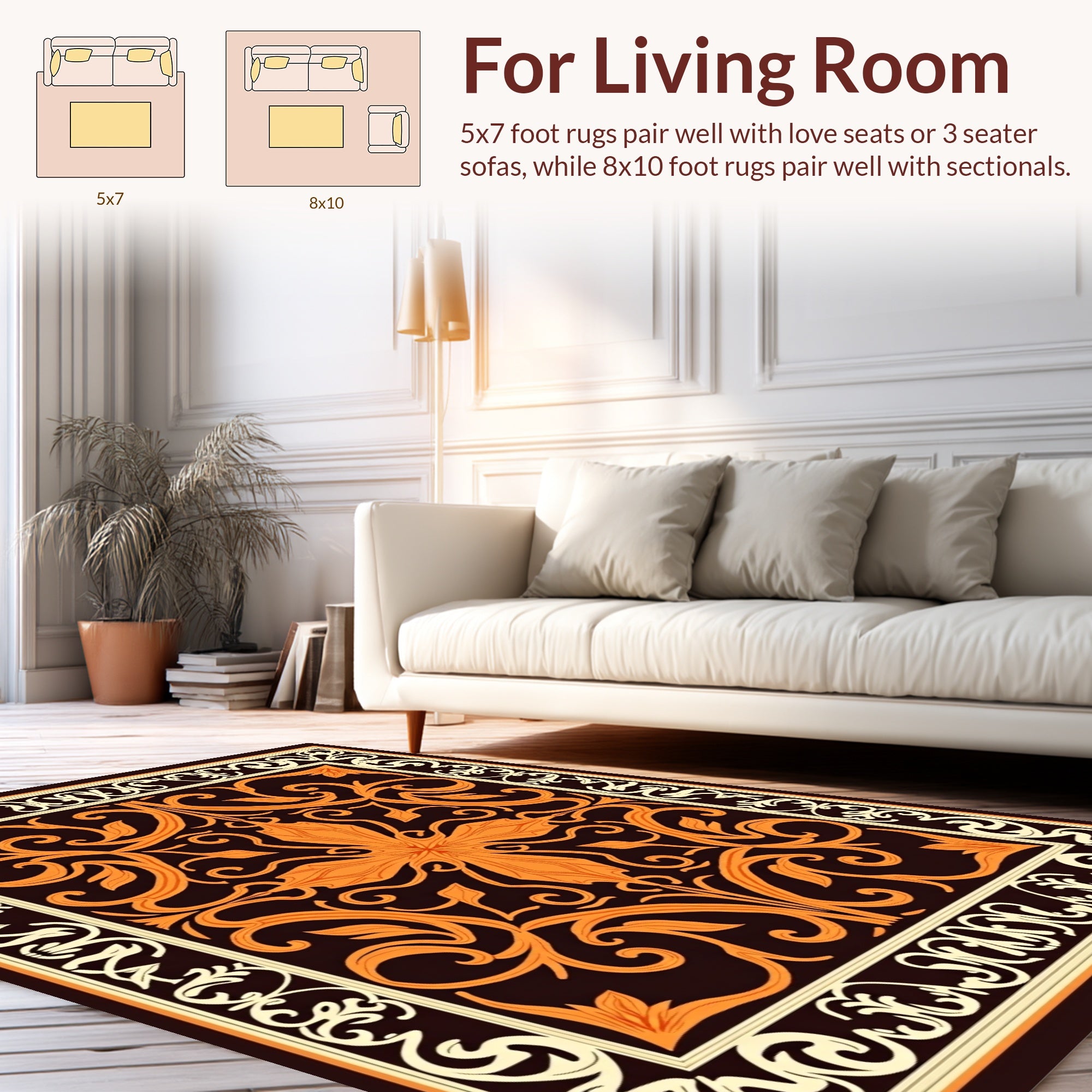 Orange Floral Scrollwork Pattern Rug