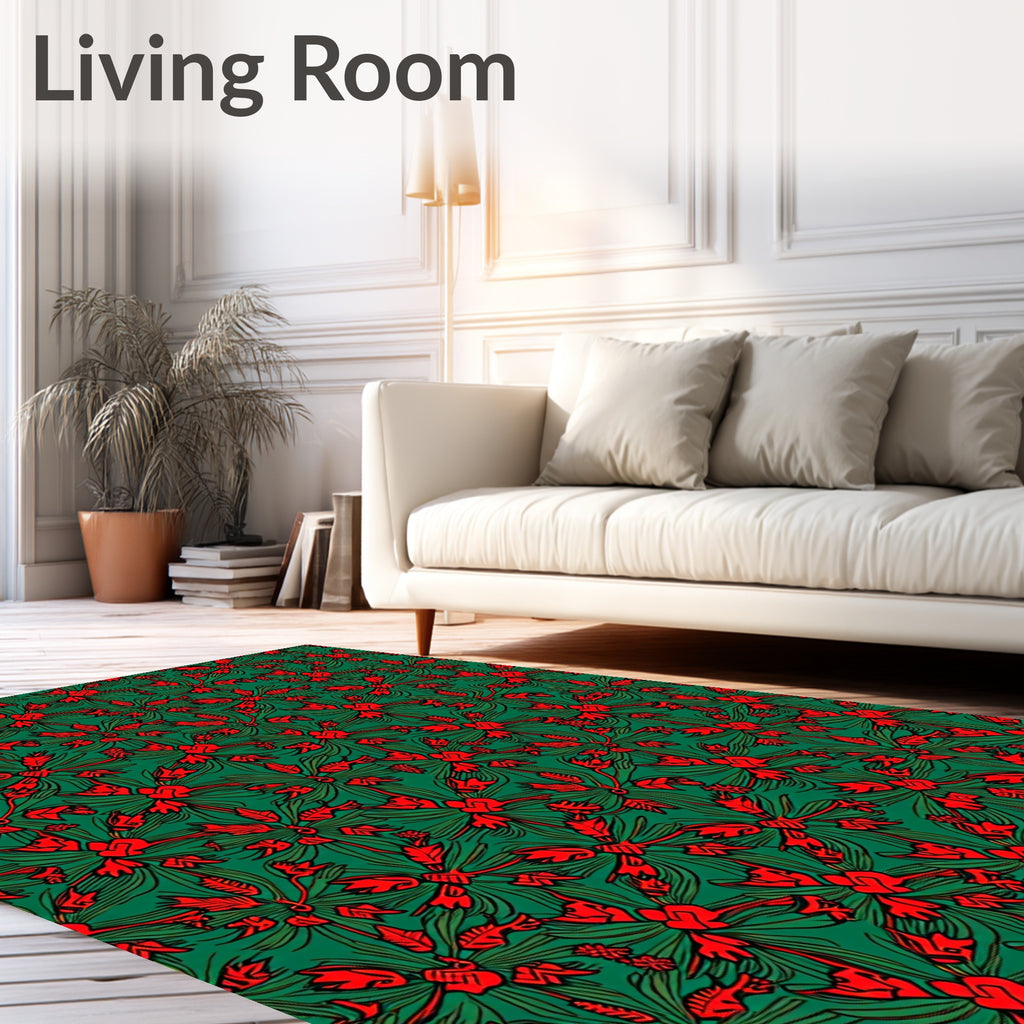 Red Floral Pattern On Green Background Rug