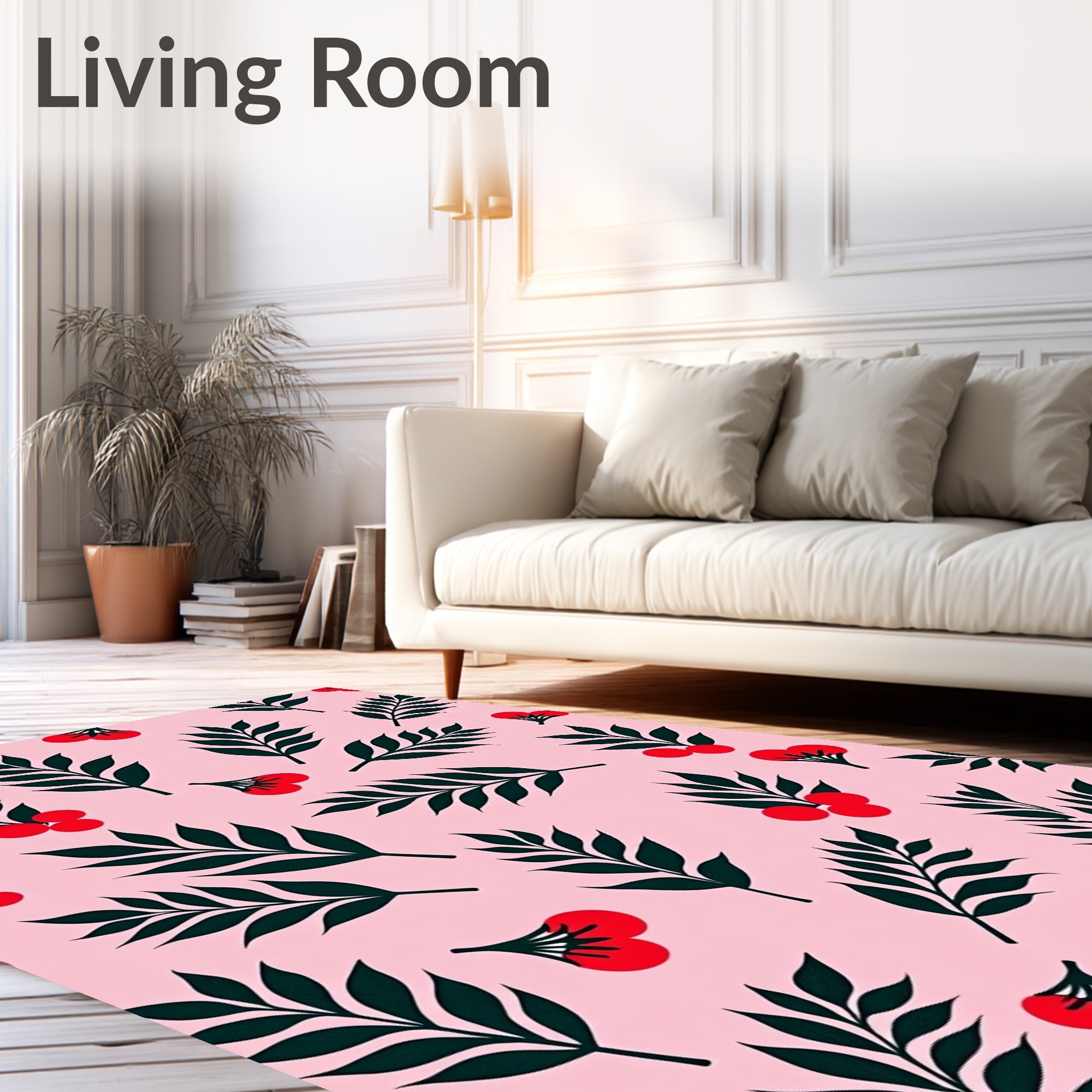 Leaf Berry Patterned Pink Rug