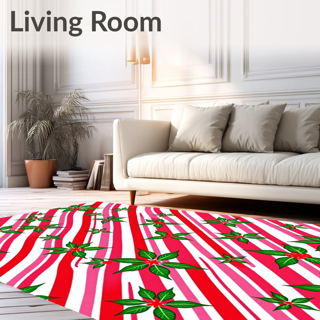 Holiday Red Green Poinsettia Candy Cane Stripes Rug