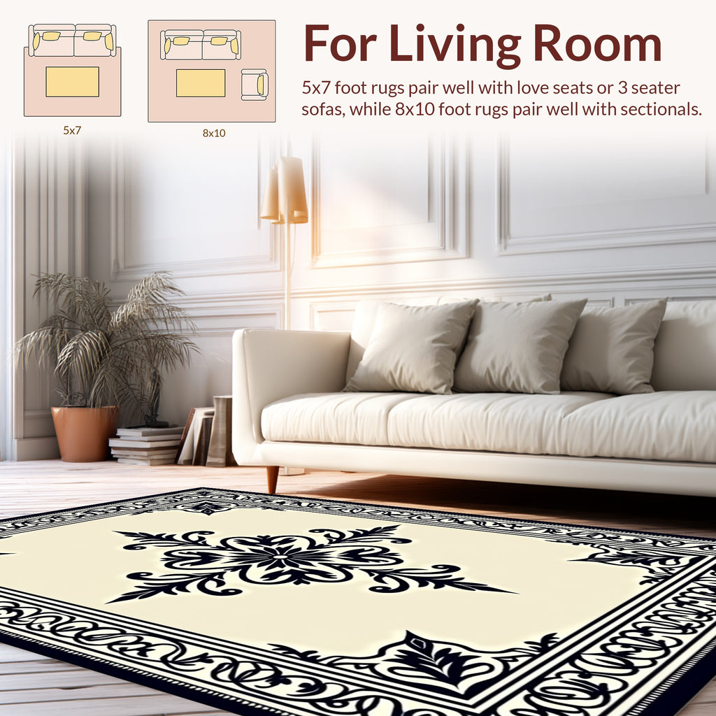 Classic Black Cream Floral Medallion Rug