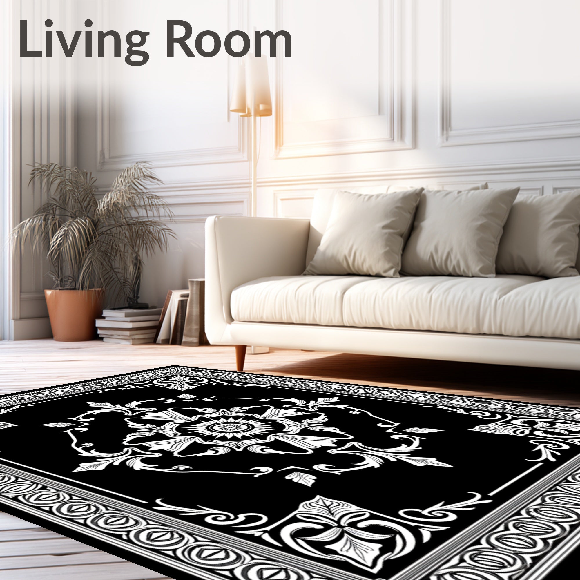 Ornate Black White Floral Medallion Rug