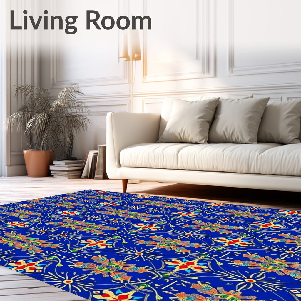 Vibrant Blue Floral Regal Pattern Rug