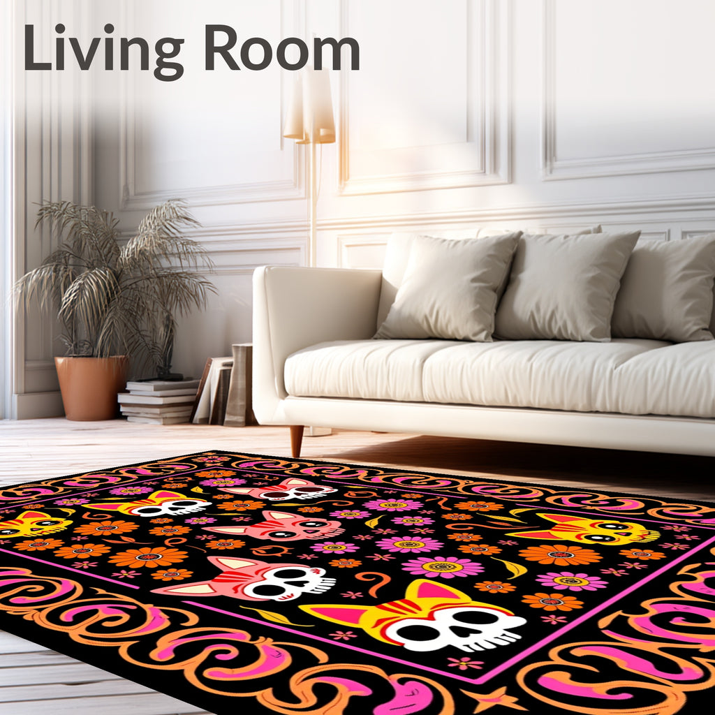Whimsical Cat Skull Floral Design Rug