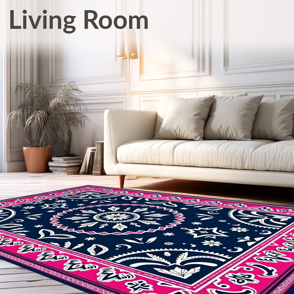 Navy Pink Floral Medallion Mandala Rug