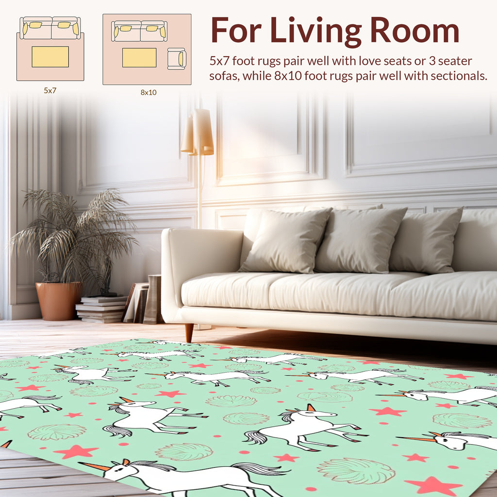 White Unicorn Star Mint Green Pattern Rug