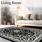Intricate Black White Floral Motif Rug