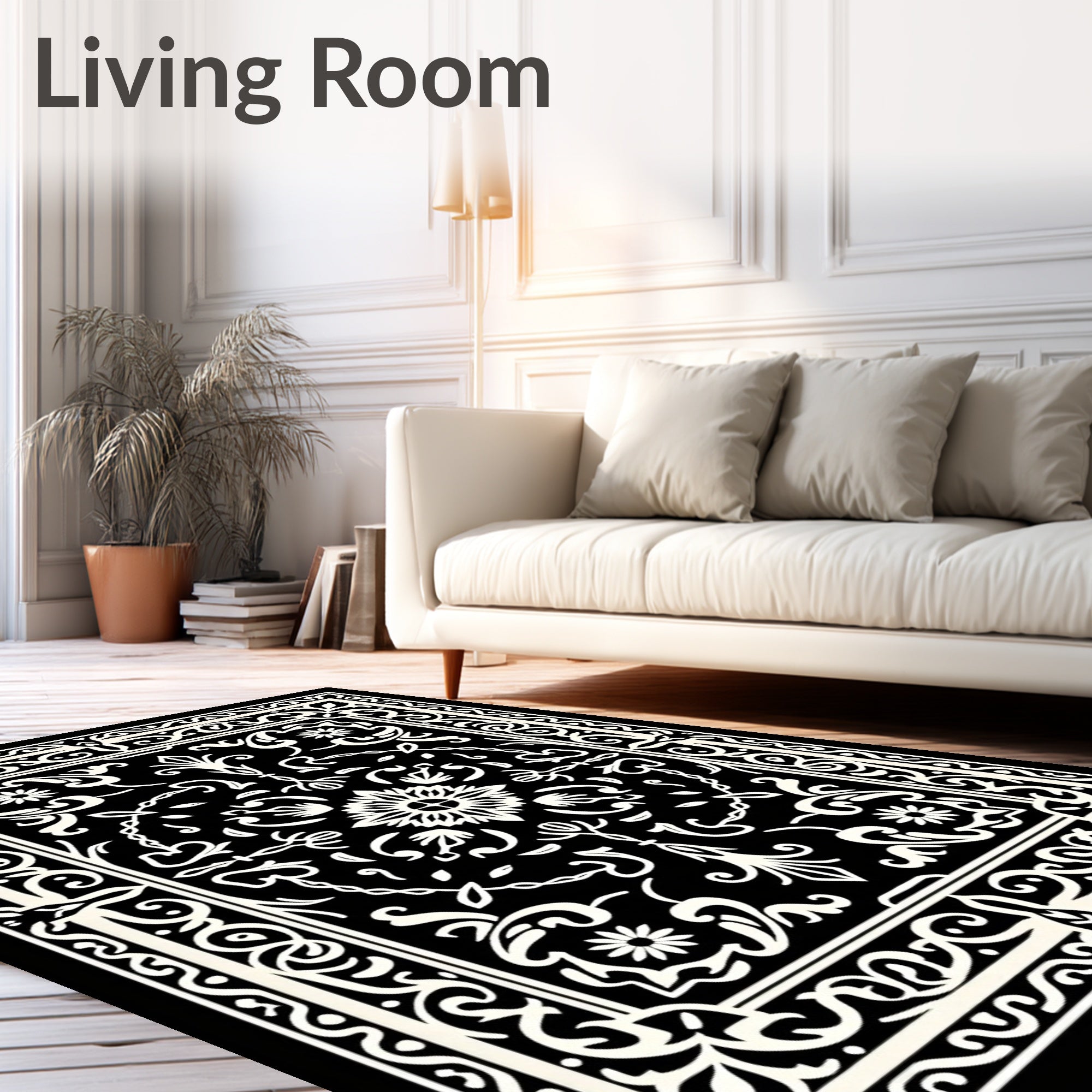 Intricate Black White Floral Motif Rug