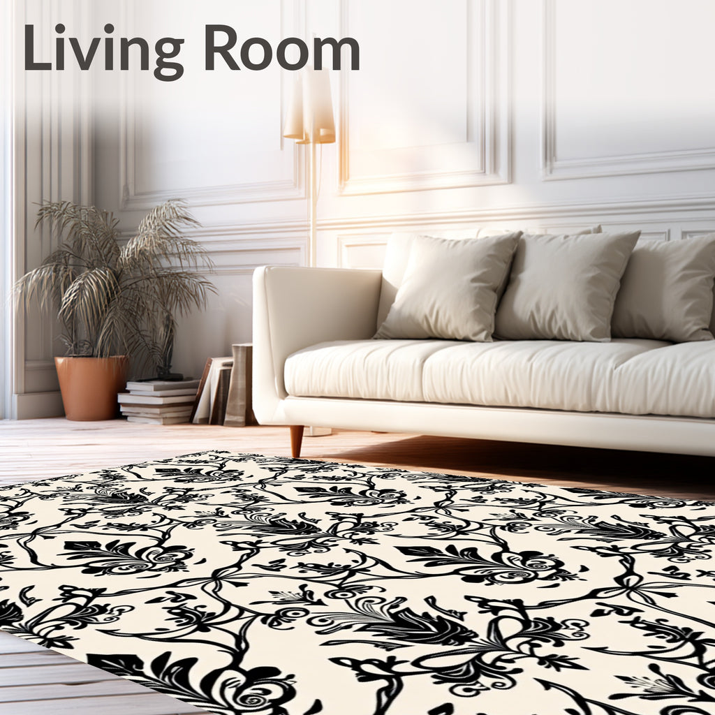 Classic Black Damask Floral Pattern Rug
