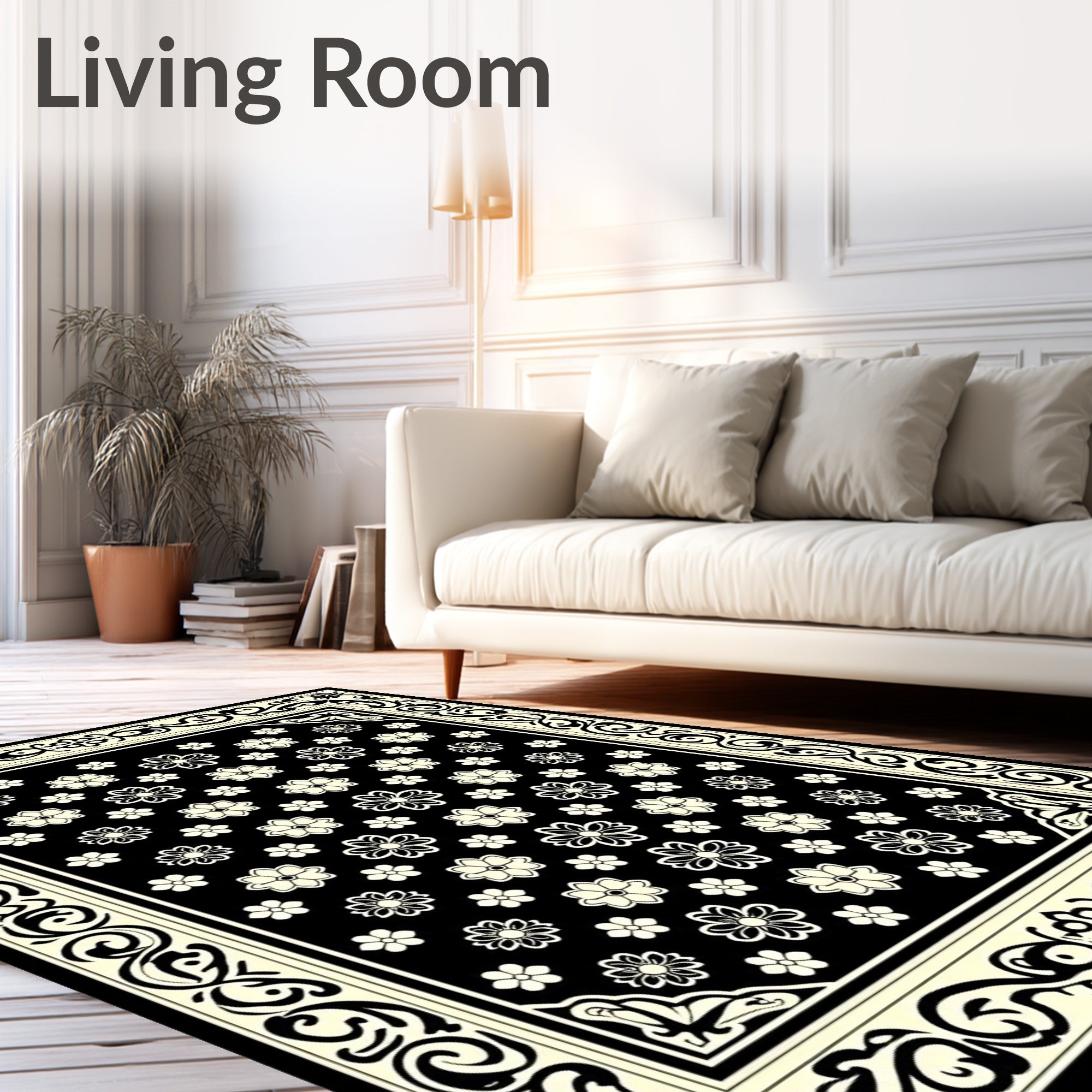 Elegant Black Floral Border Design Rug
