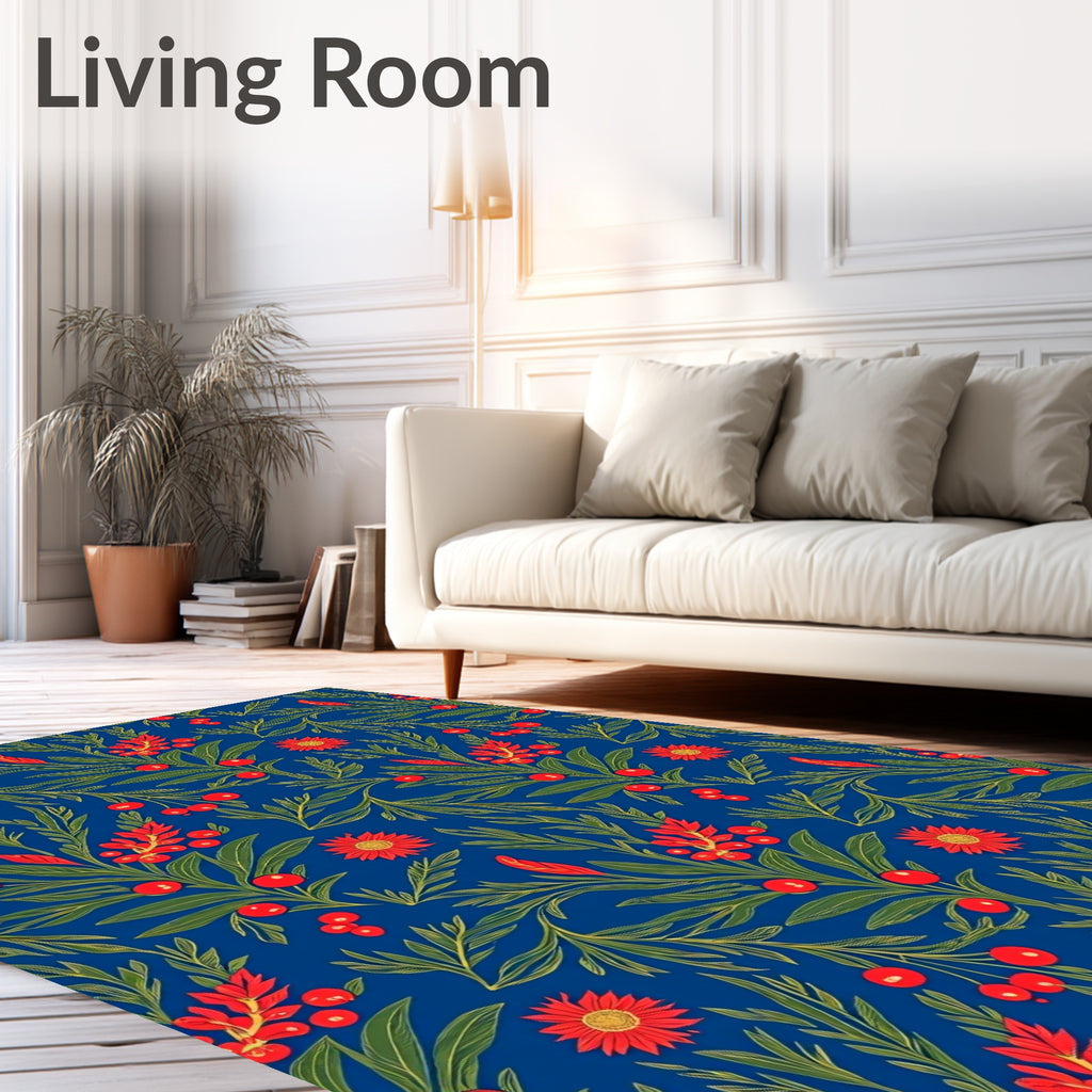 Vibrant Cobalt Red Floral Botanical Rug