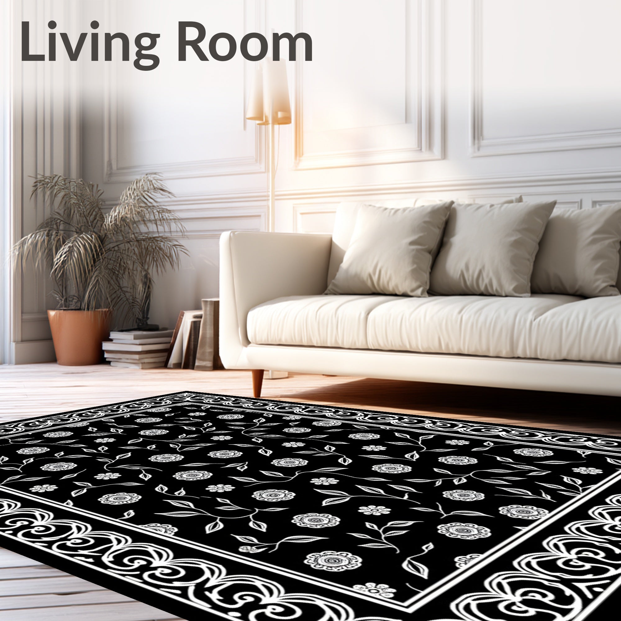 Floral Vine Border with Black Background Rug