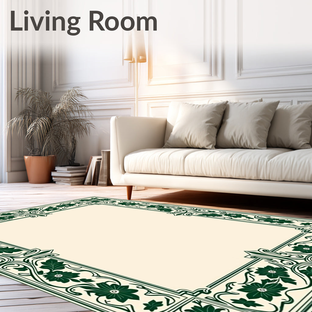 Elegant Green Floral Vine Border Rug