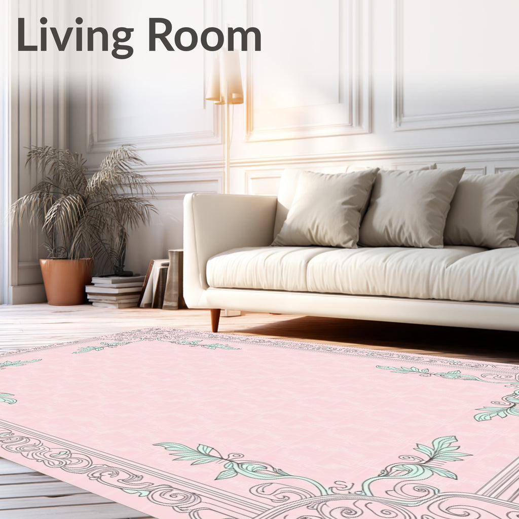Pastel Pink Ornate Floral Frame Rug