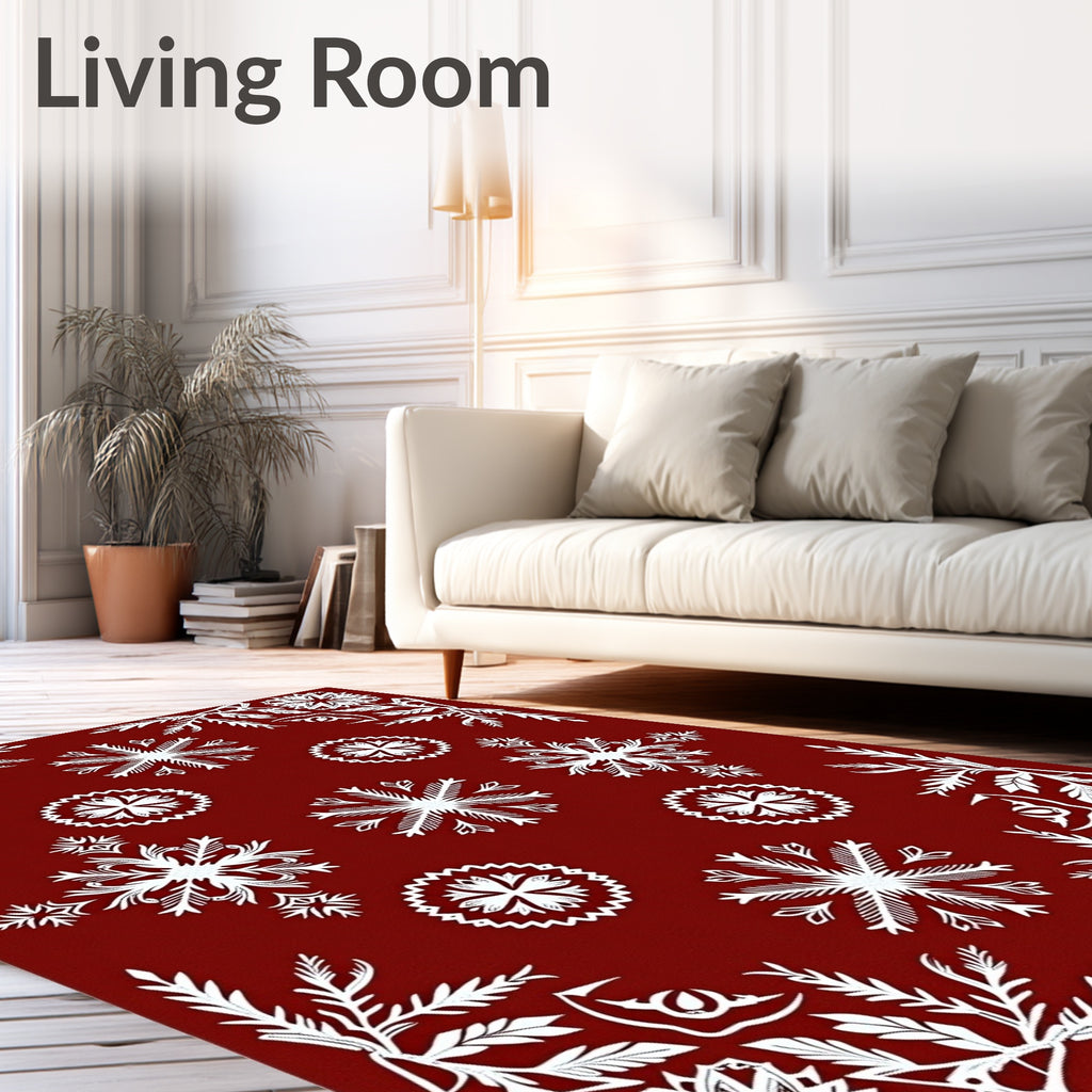 White Snowflake Patterned Red Rug