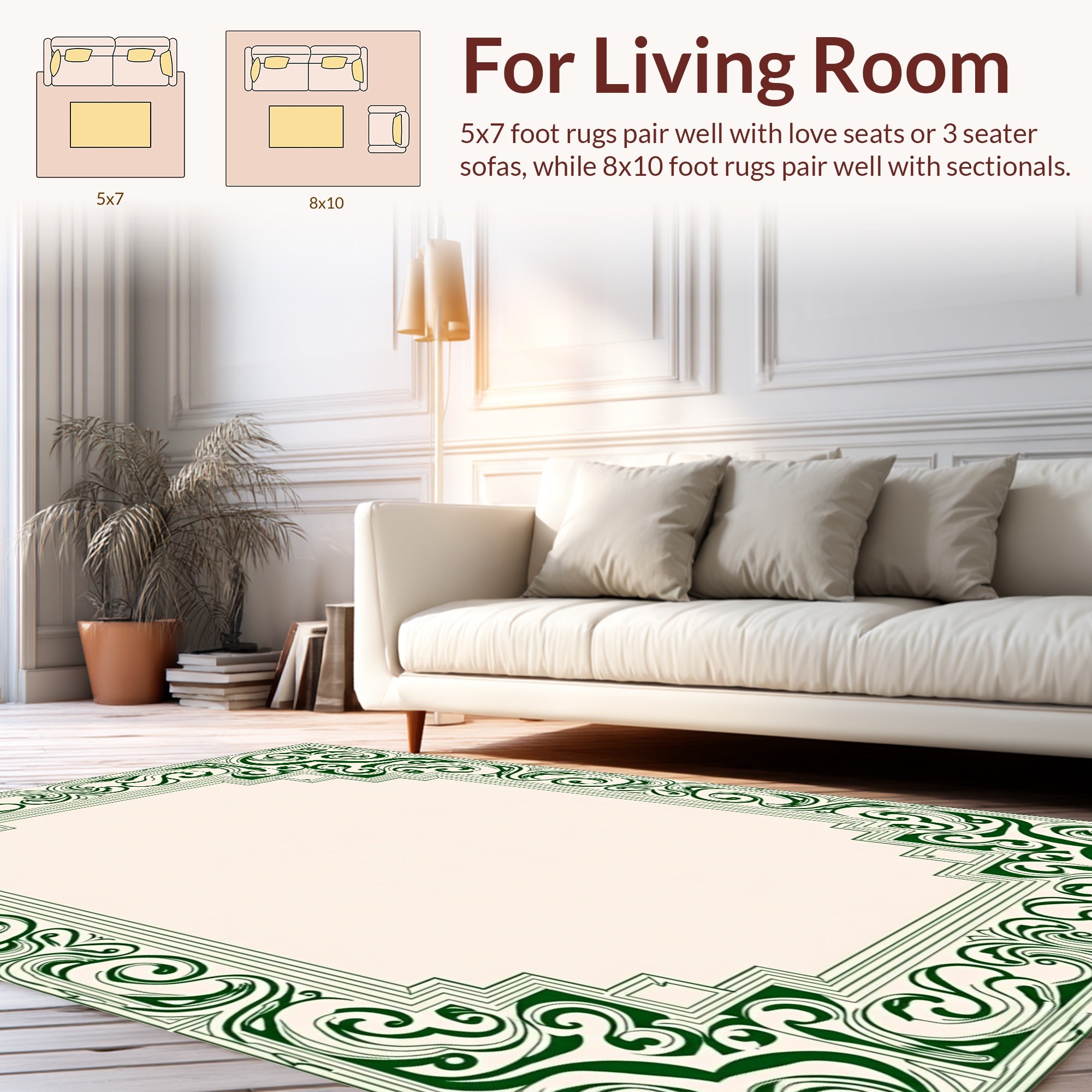 Ornate Scrollwork Green Border Design Rug