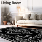 Ornate Black White Floral Damask Rug