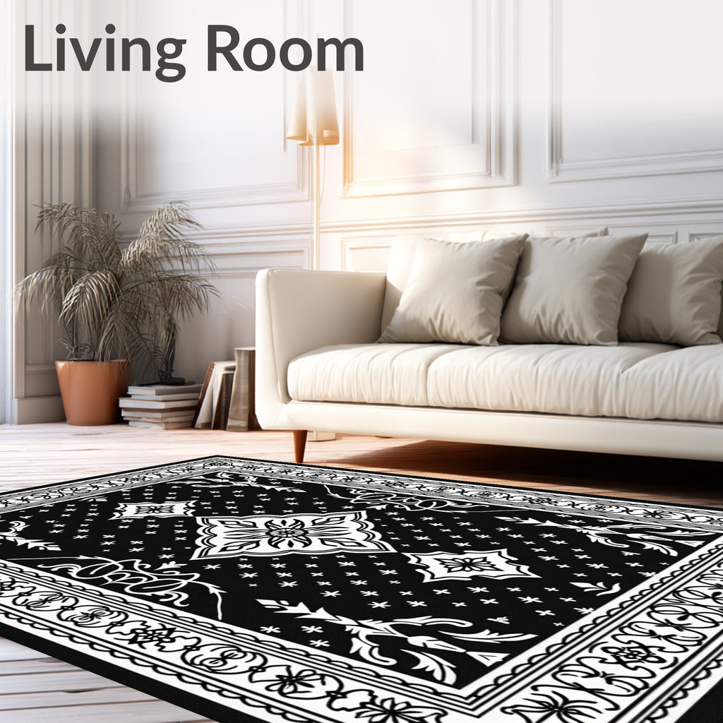 Black White Floral Medallion Rug