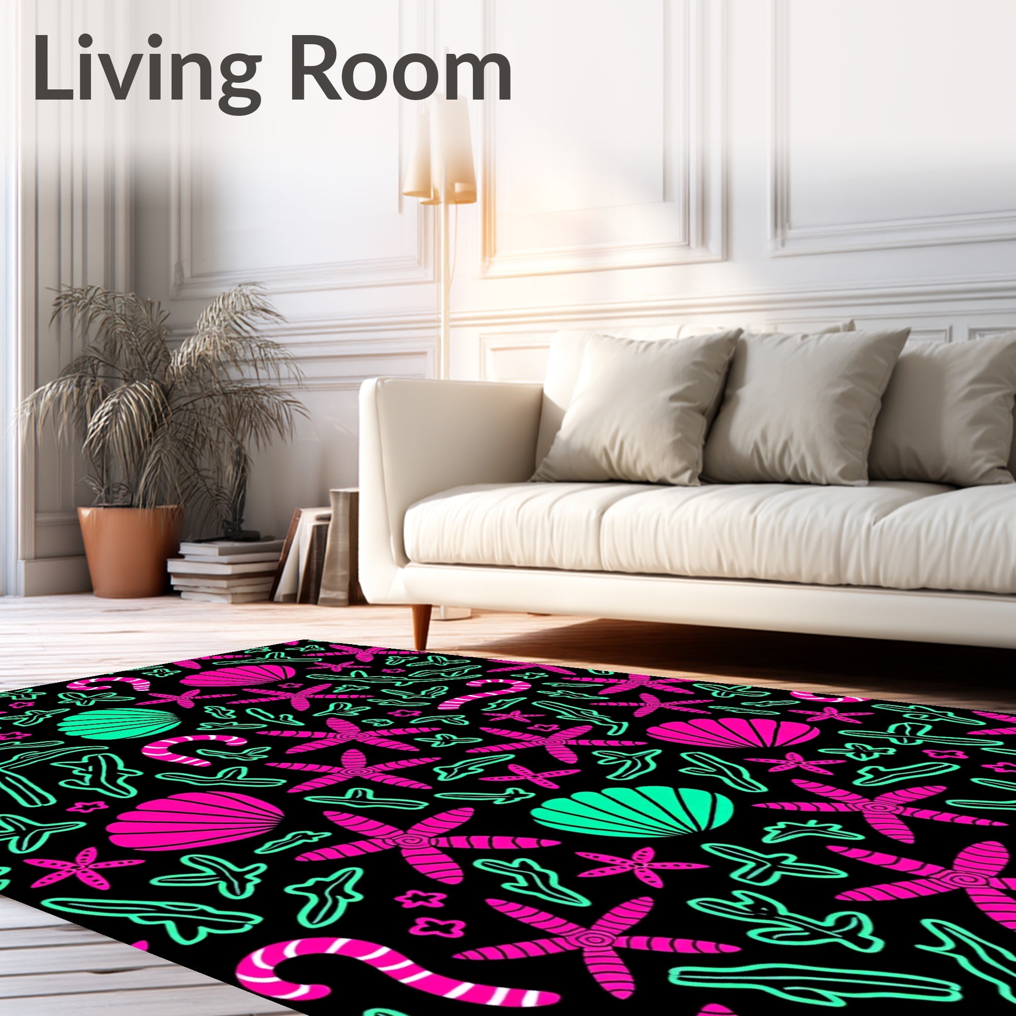 Bright Pink Teal Ocean Creatures Design Rug