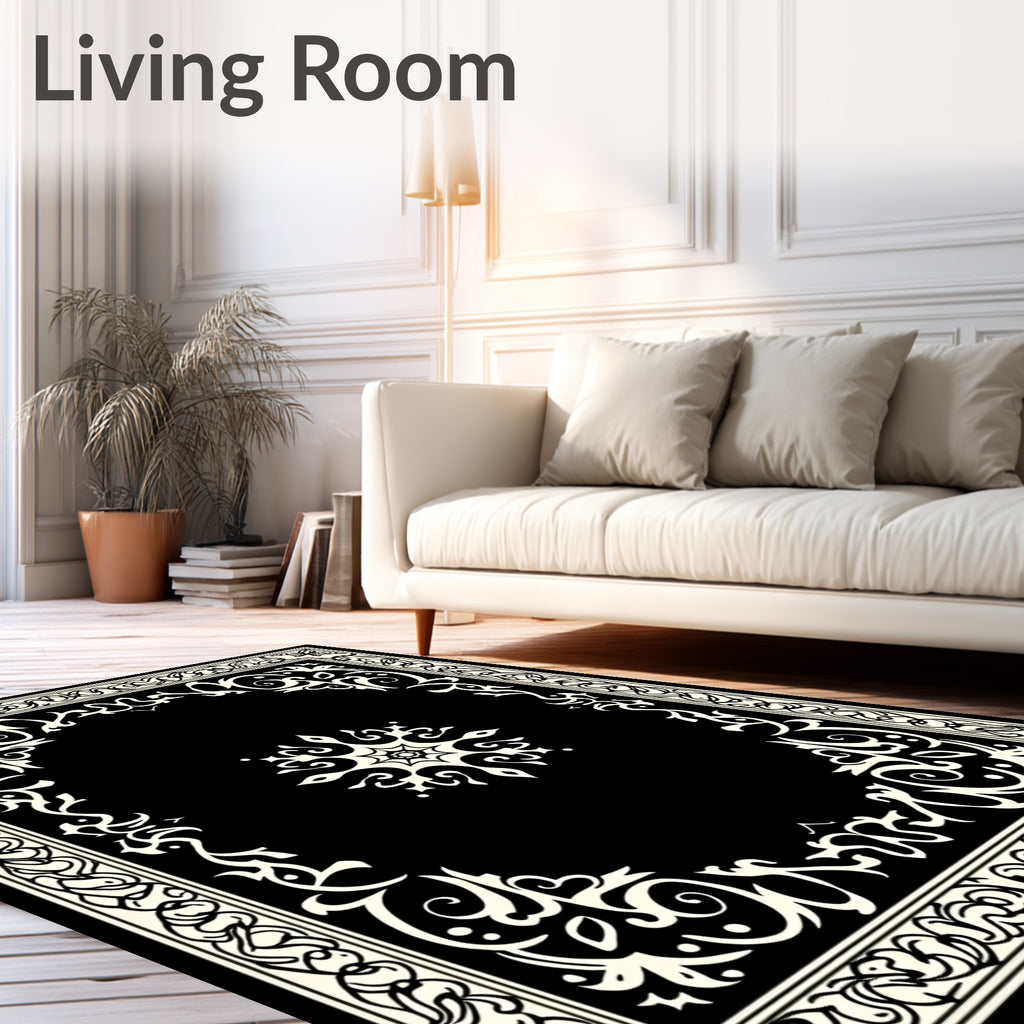 Ornate Black Cream Floral Rug