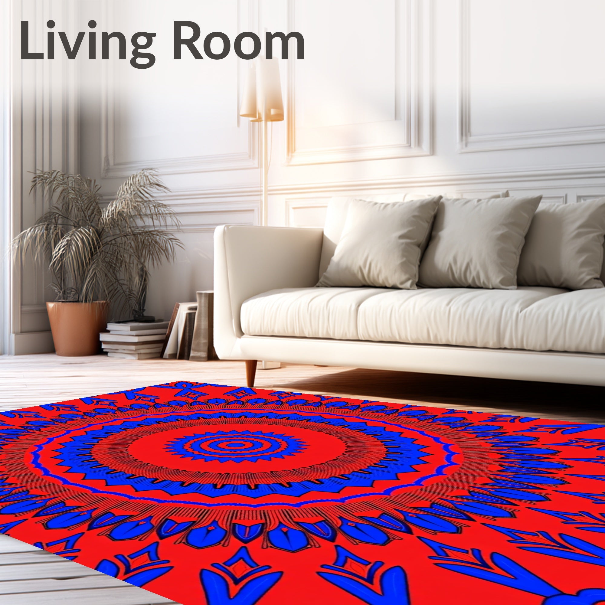 Bold Red Blue Sunburst Mandala Rug