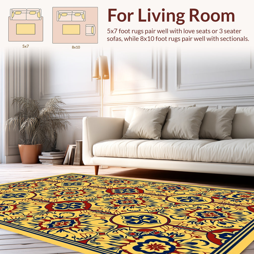 Ornate Floral Medallion Yellow Red Blue Rug