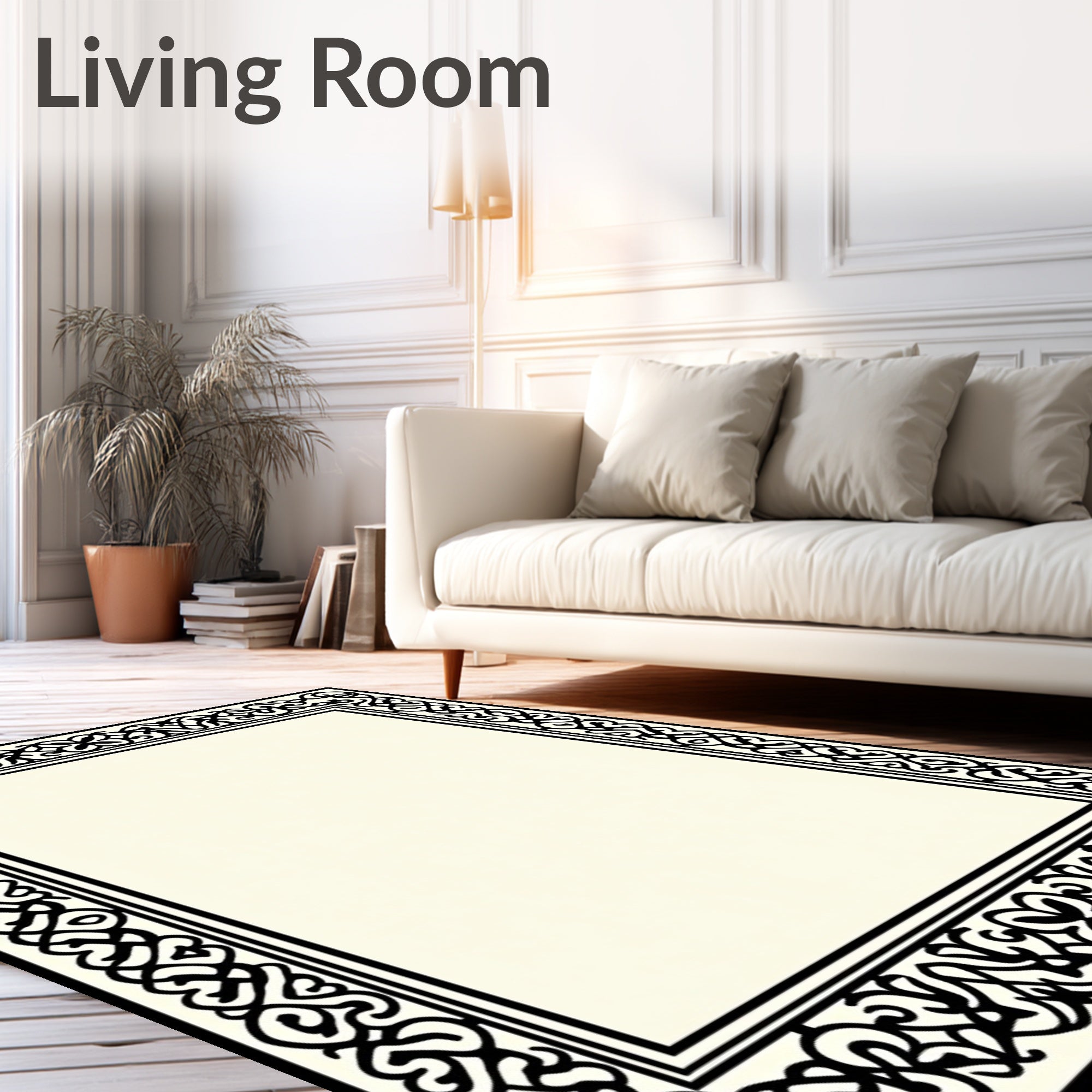 Ornate Black Cream Scrollwork Rug